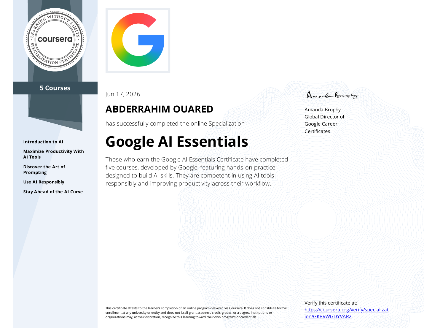 Google AI Essentials certificate preview