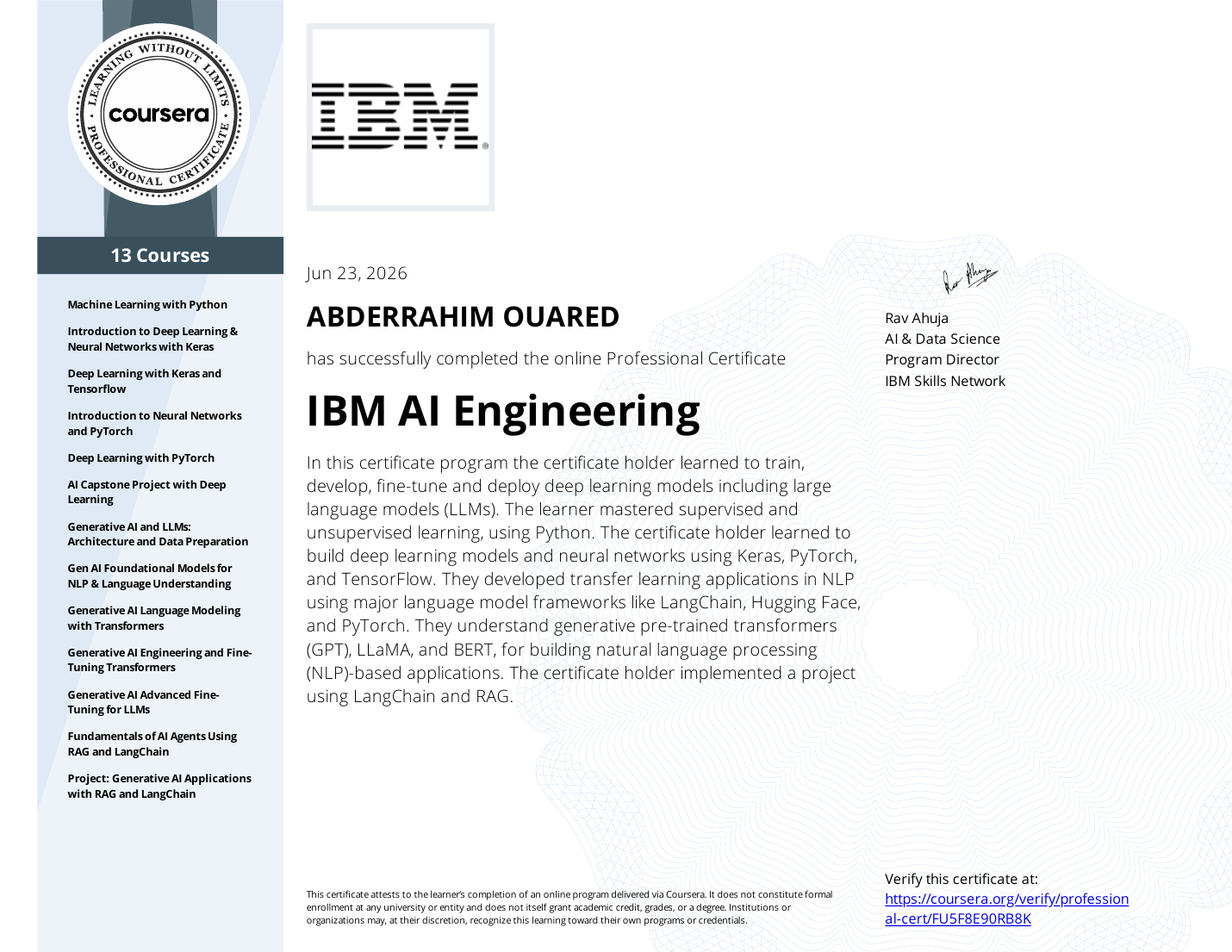 IBM AI Engineering certificate preview