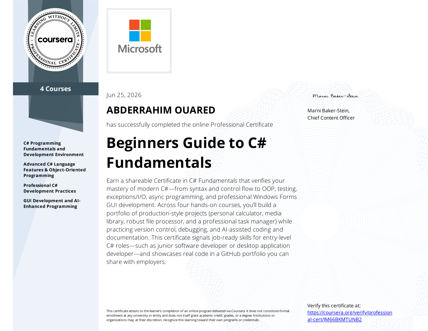Microsoft Beginners Guide to C# Fundamentals certificate preview